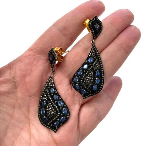 Genuine Sapphire & Diamond Paisley Dangling Drop Earrings NEW - Picture 3 of 5